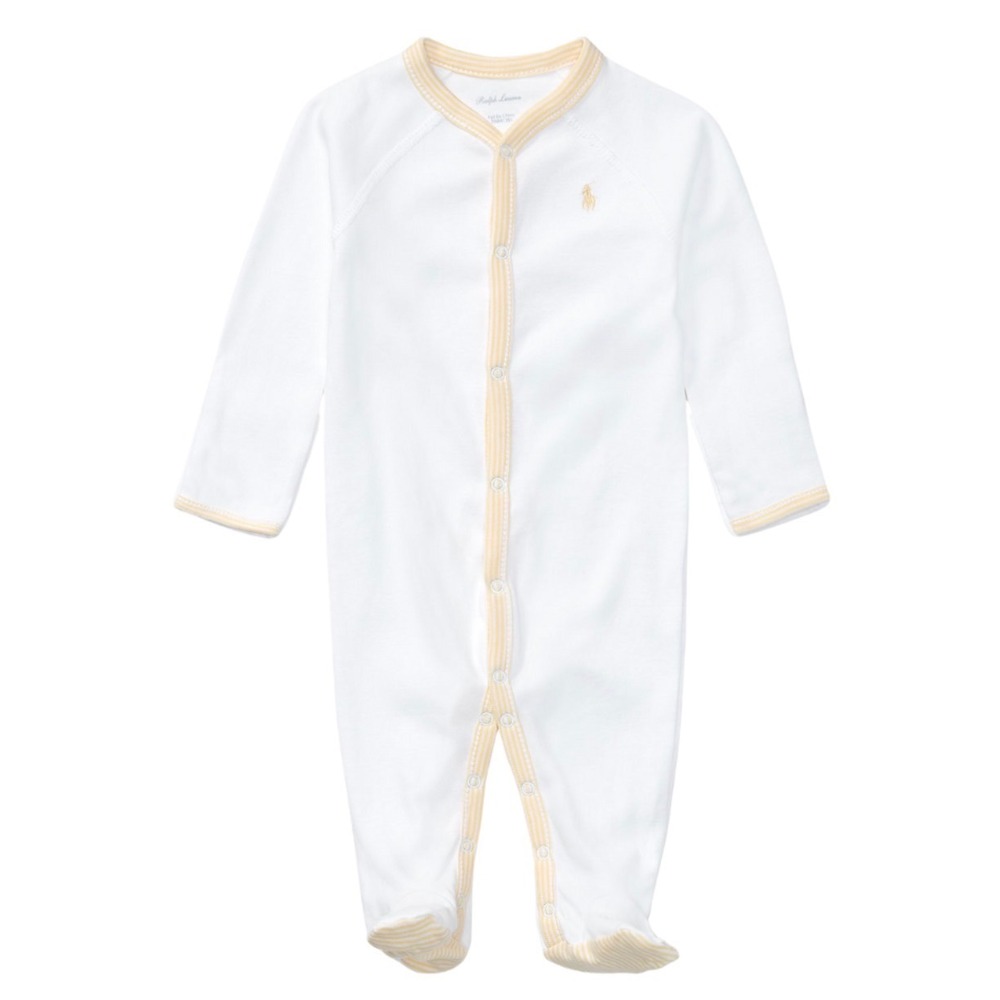 Ralph Lauren Baby White Yellow Striped Trim Footed Romper Sleeper 9M 9 Months